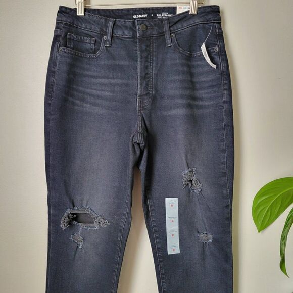 NWT OLD NAVY O.G. STRAIGHT HIGH RISE JEANS BLACK RIPPED SIZE 8 - Picture 9 of 16